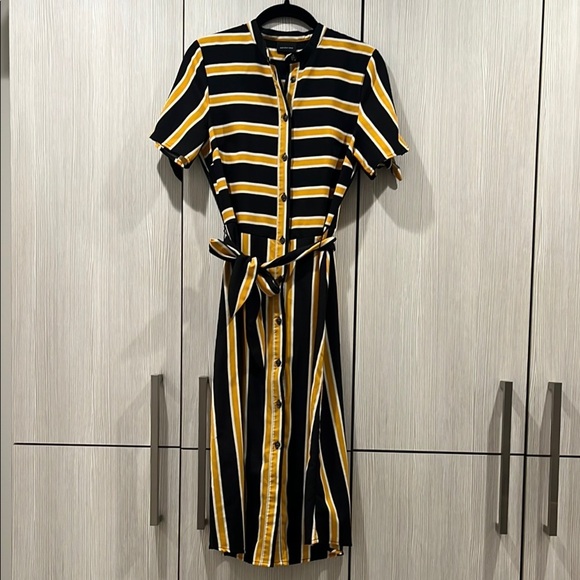 NEW Who What Wear Midi Shirt Dress XS | Marigold Stripe | Tie Waist - Picture 2 of 10